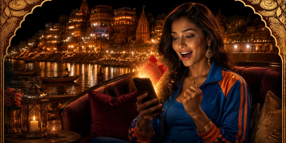 Evening rummy gaming session with cricket betting elements near Varanasi riverside